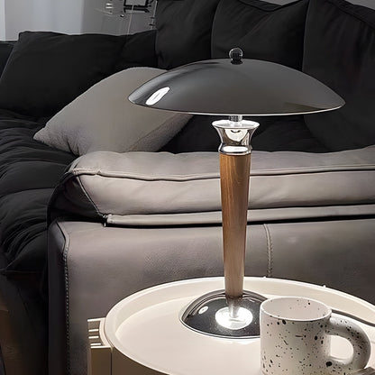 Lampe de Table Vintage en Fer Chromé avec Abat-Jour Champignon et Variateur en Bois 3 Positions