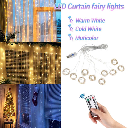 Rideau Lumineux LED Noël - 3x3m Guirlande Lumineuse Féerique avec Télécommande - 8 Modes d'Éclairage