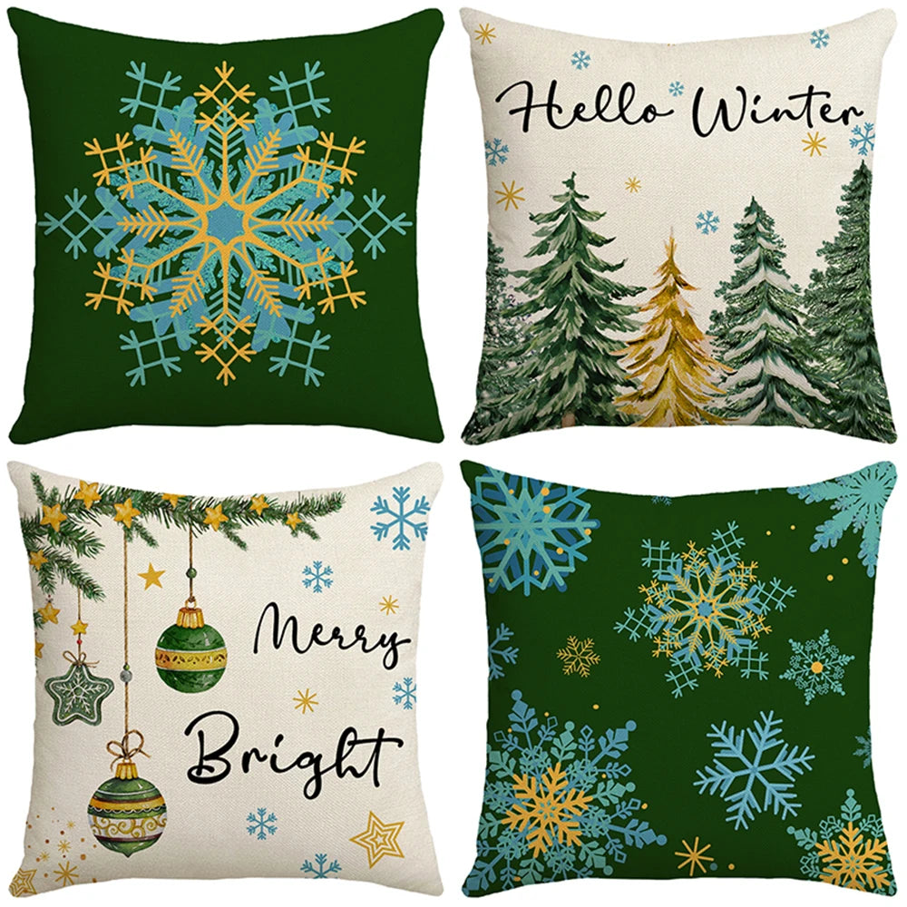 Lot de 4 Housses de Coussin Noël 45x45cm - Collection Flocons de Neige - Décoration Festive 2024 - Lin Premium