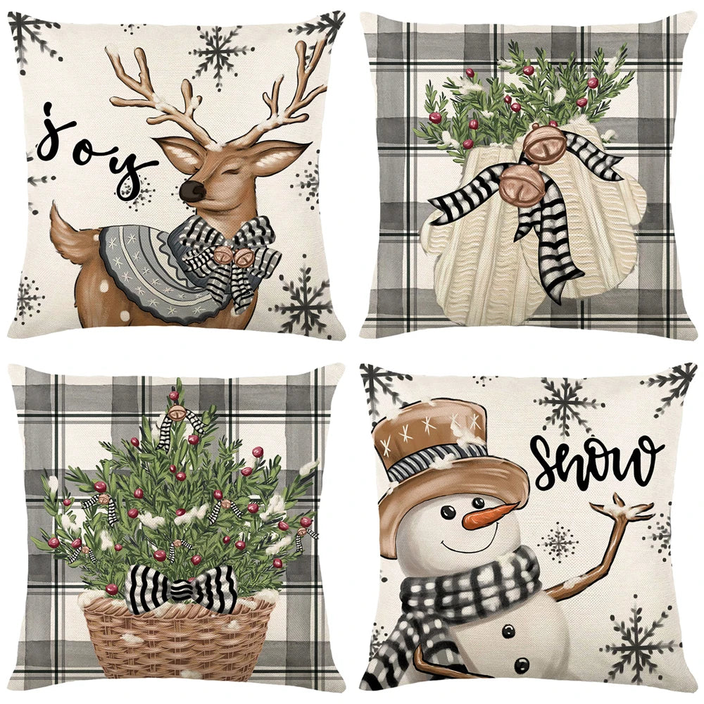 Lot de 4 Housses de Coussin Noël 45x45cm - Collection Flocons de Neige - Décoration Festive 2024 - Lin Premium