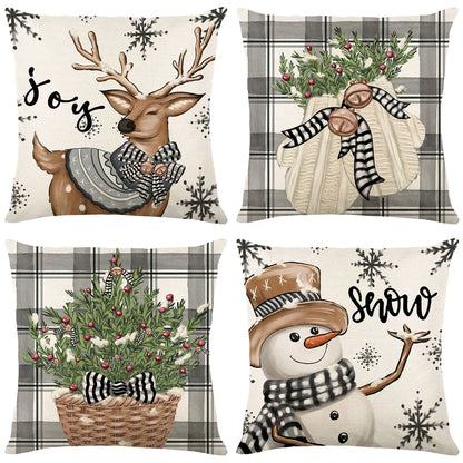 Lot de 4 Housses de Coussin Noël 45x45cm - Collection Flocons de Neige - Décoration Festive 2024 - Lin Premium