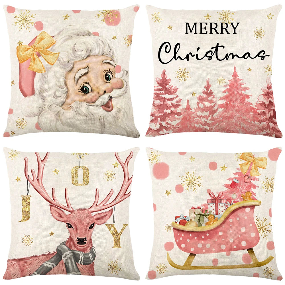 Lot de 4 Housses de Coussin Noël 45x45cm - Collection Flocons de Neige - Décoration Festive 2024 - Lin Premium