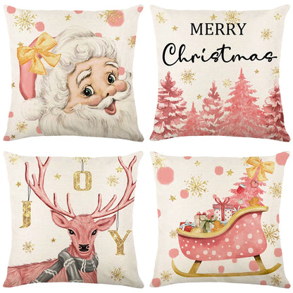 Lot de 4 Housses de Coussin Noël 45x45cm - Collection Flocons de Neige - Décoration Festive 2024 - Lin Premium