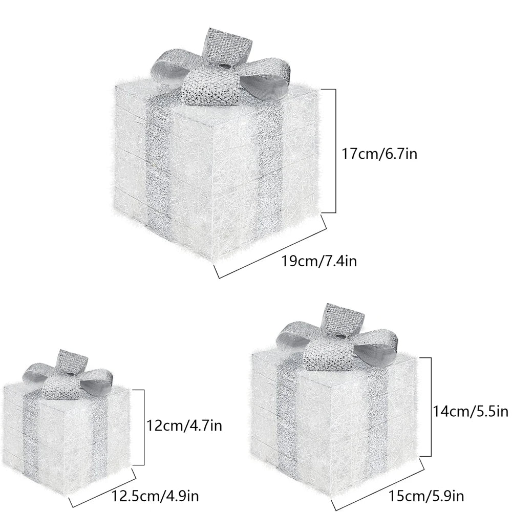 Lot de 3 Boîtes Cadeaux Lumineuses LED Noël - Décoration Intérieure/Extérieure - Paquets Cadeaux Lumineux Argentés - Ornements Festifs