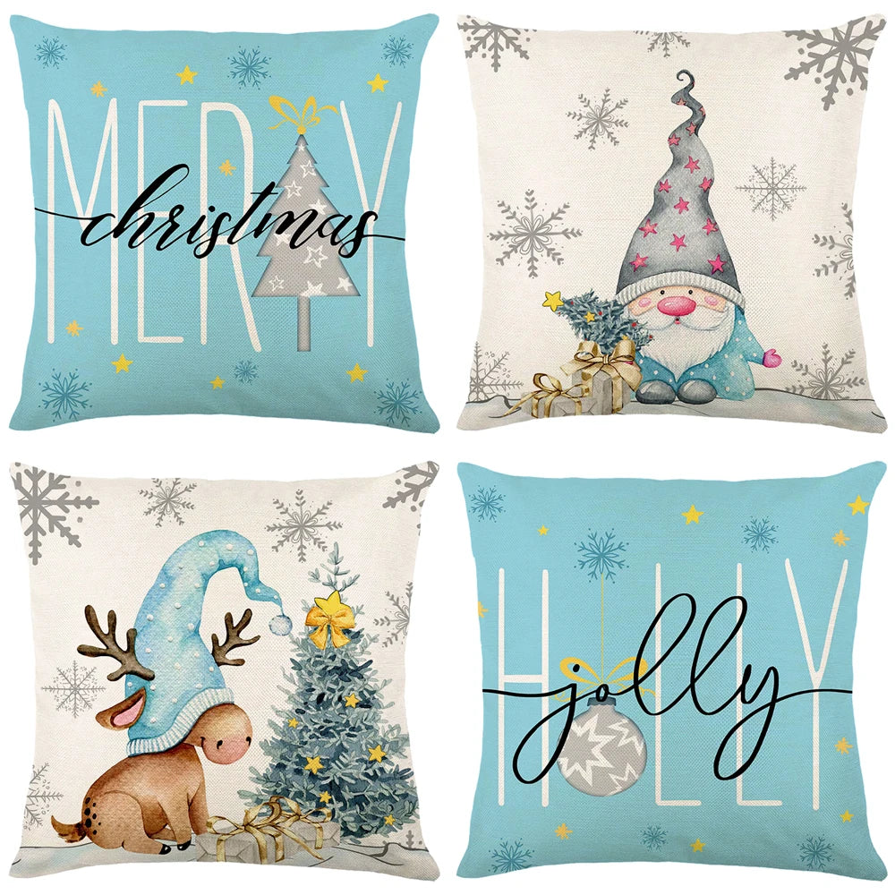 Lot de 4 Housses de Coussin Noël 45x45cm - Collection Flocons de Neige - Décoration Festive 2024 - Lin Premium