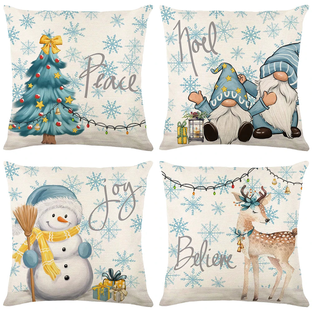 Lot de 4 Housses de Coussin Noël 45x45cm - Collection Flocons de Neige - Décoration Festive 2024 - Lin Premium