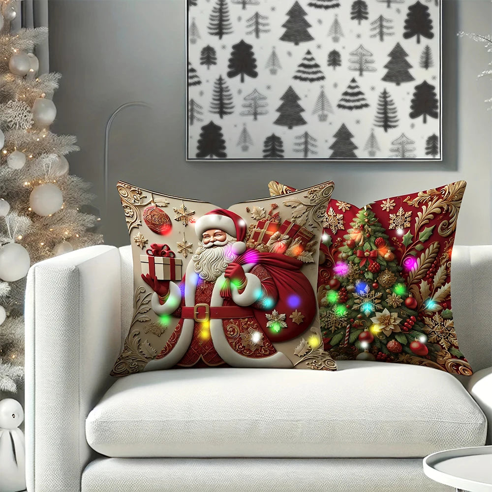 Housse de Coussin LED Père Noël 3D - Décoration Lumineuse de Noël Premium pour Intérieur Chaleureux