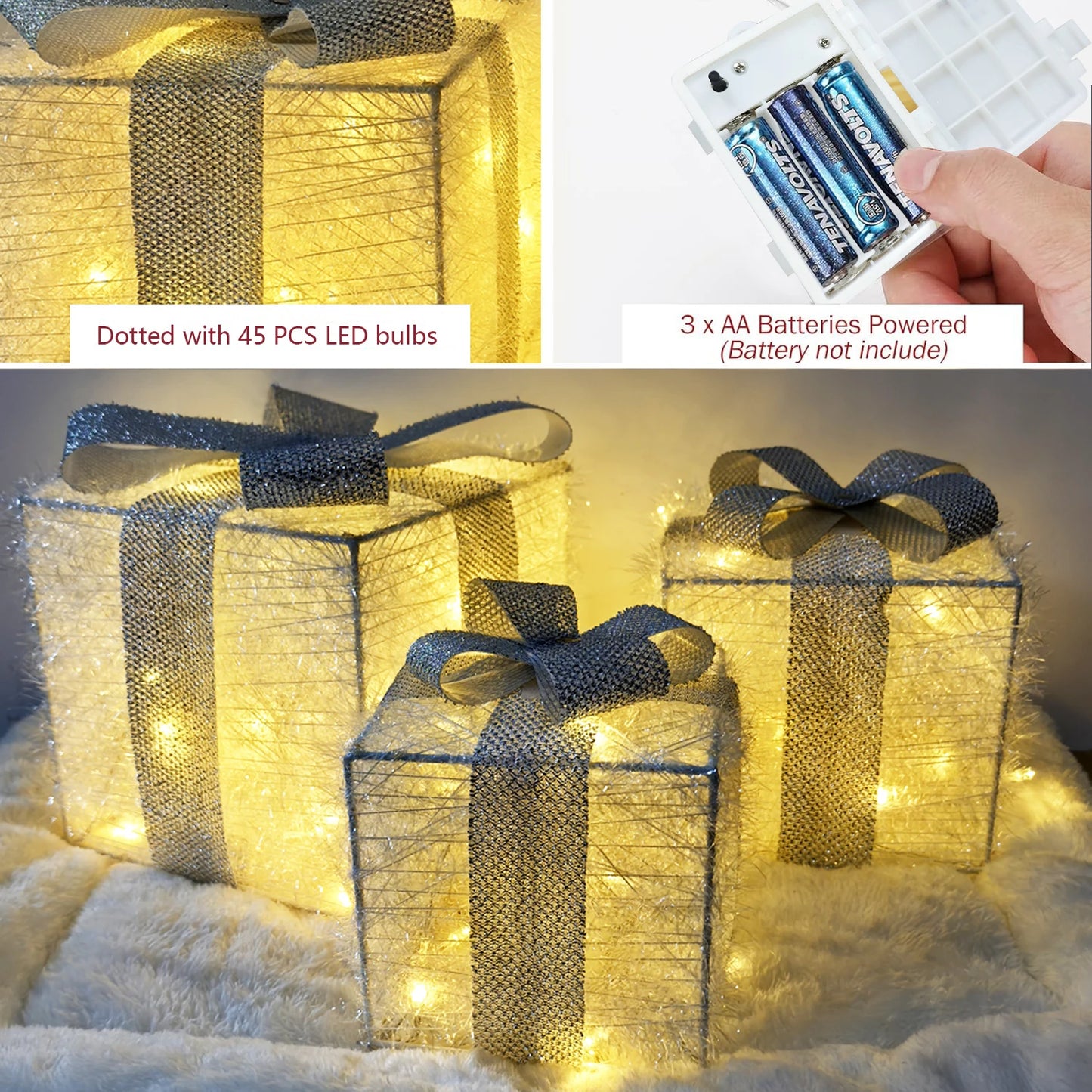 Lot de 3 Boîtes Cadeaux Lumineuses LED Noël - Décoration Intérieure/Extérieure - Paquets Cadeaux Lumineux Argentés - Ornements Festifs