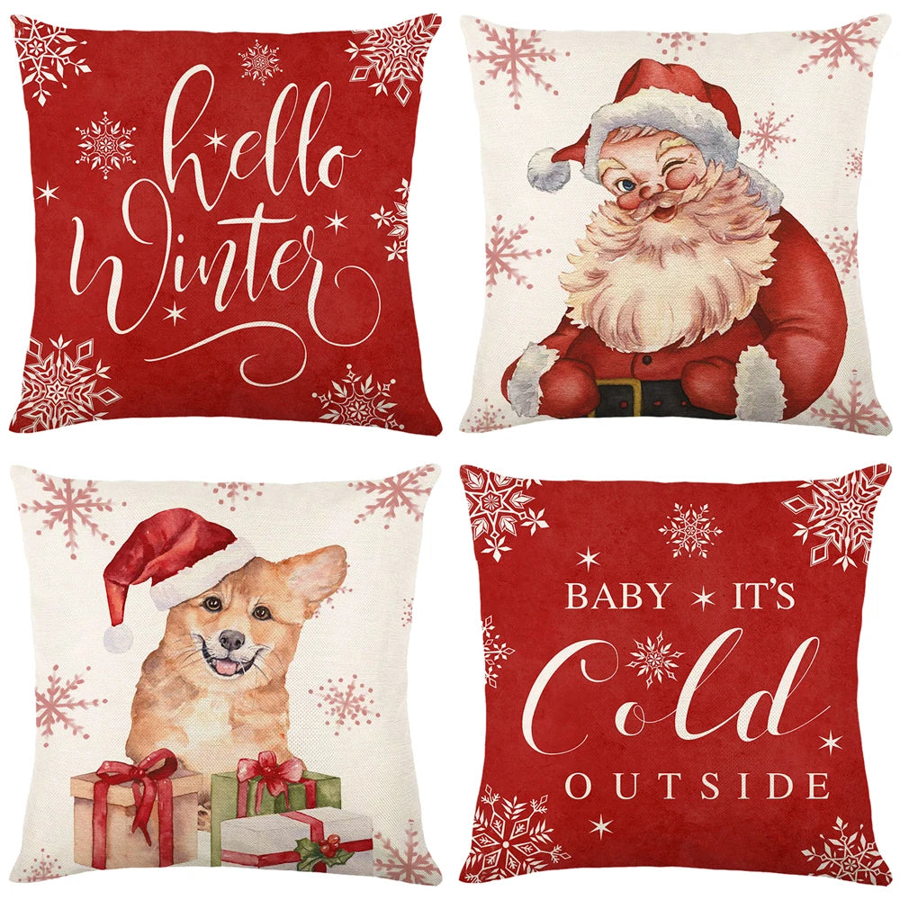 Lot de 4 Housses de Coussin Noël 45x45cm - Collection Flocons de Neige - Décoration Festive 2024 - Lin Premium