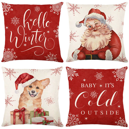 Lot de 4 Housses de Coussin Noël 45x45cm - Collection Flocons de Neige - Décoration Festive 2024 - Lin Premium