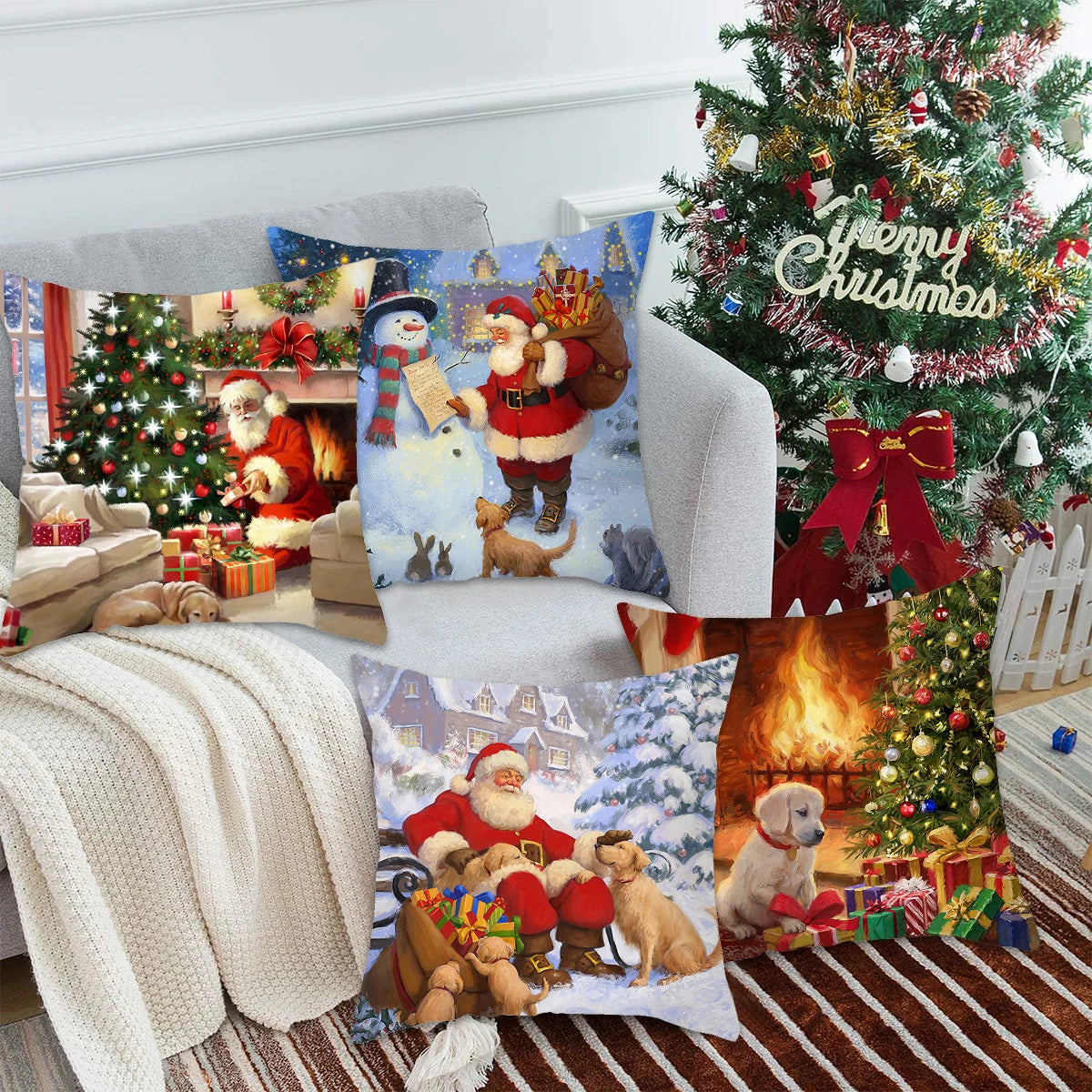 Housse de Coussin Père Noël Peau de Pêche 45x45cm - Collection Noël 2024 - Décoration Premium Salon